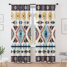 2pcs Bohemian Style 2D Printed Semi-Blackout Curtains, Suitable For Living Room And Bedroom - Multicolor - View 1