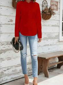 Camisa casual/de trabajo de manga larga, de un solo pecho, de unicolor rojo primavera para mujer - Rojo - Ver 4