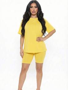 2pcs Loose Fit Top & Biker Shorts Set For Women, Solid Color Round Neck Machine Washable Comfy Basic Loungewear Sets For Summer Spring Fall - 黃色 - 查看 4