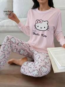 1 Stück Hello Kitty bedruckte Einteiler Schlafanzughose, süße Nachtwäsche für Frauen, Y2K Stil, geeignet für Herbst und Winter - Pink - Übersicht 4
