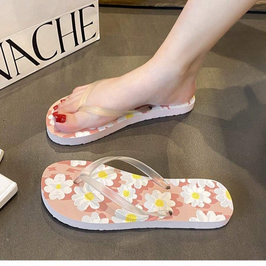Women's V-Strap Sandals For Spring And Summer, Featuring Bold Pink Graffiti On The Exterior, Paired With Flat, Versatile, Anti-Slip, Ankle-Protecting And Toe-Squeezing Beach Sandals. - 淺粉色 - 查看 1