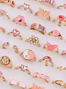 11 piezas Anillos de Rhinestone rosa delicados y lindos, adecuados como regalos de fiesta de cumpleaños para niñas y niños, accesorio de moda para uso diario - 11 anillos para el meñique con diamantes de imitación rosas y dorados - Ver 6