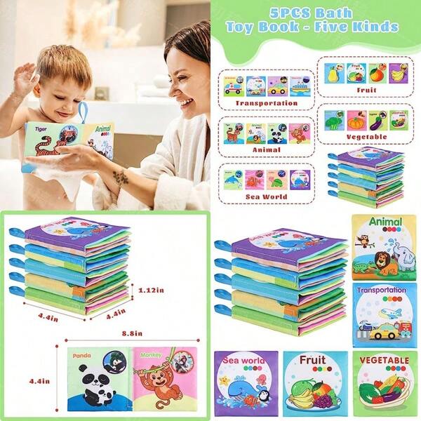 5PCS Baby Bath Books For Toddlers Learning The Names Of Animals Fruits Vegetables Transportation Colorful Patterns  Waterproof Soft Fabric Preschool Toys For Baby Infant ToddlerValentine's Day, Thanksgiving, Mother's Day, Father's Day