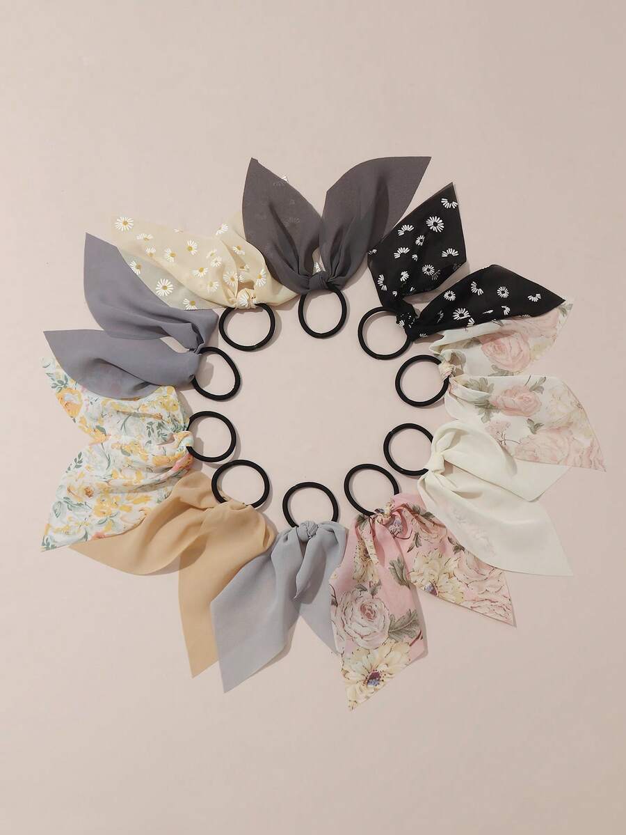 10个装女士时尚别致灰色和卡其色豹纹、雏菊、碎花发圈，适合日常、节日、派对、装饰等场合，可作发绳、橡皮筋、马尾辫发圈、发圈、发绳等。 - 彩色 - 查看 1