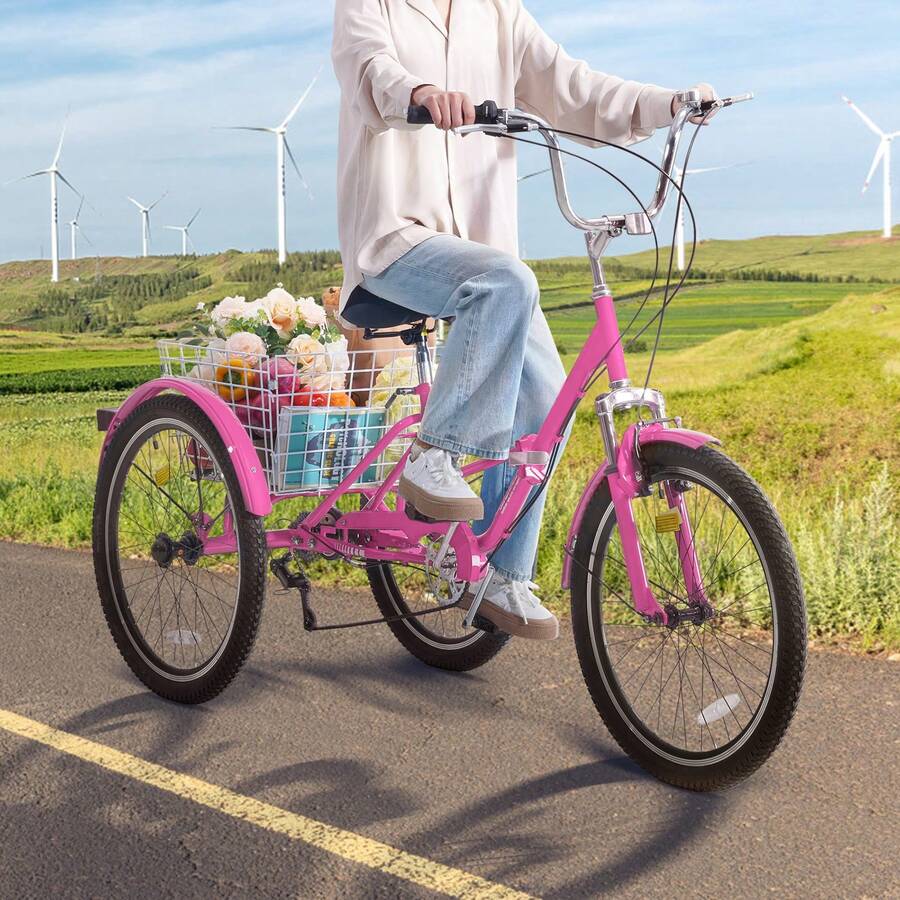 Folding Adult Tricycle, 26-Inch 7-Speed Adult Folding Trikes, Carbon Steel 3 Wheel Cruiser Bike With Basket & Adjustable Seat, Shopping Picnic Foldable Tricycles For Women, Men, Seniors (Pink) - 粉色 - 查看 1