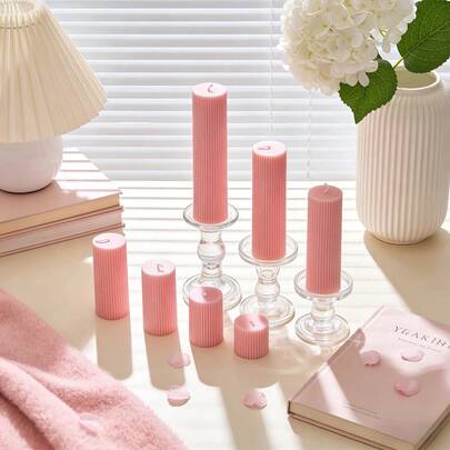 1pc Pink Striped Cylindrical Scented Candle, 1.97 Inch Diameter, Smokeless Soy Wax Candle, Suitable For Home Decor, Holiday Decor, Wedding Decor, Birthday Decor, Creating A Romantic And Dreamy Atmosphere, Birthday Gift, Women's Gift, Winter Gift, Wedding Gift, Souvenir