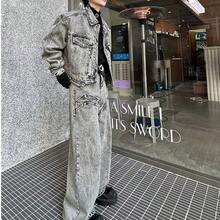 Men Denim Co ords Spring American Streetwear Vintage Patch Pocket Decorated Jacket Pants Set High End Distressed Retro Style - Gris - Ver 2