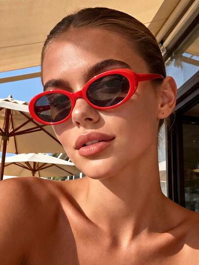 1 Pair Oval Small Frame Retro Fashion Glasses For Women And Men, Red Color, Suitable For All Seasons, Ideal For Vacation, Travel, Beach, Outdoor Street Photography, Concave Design, Matching Ins-Style Outfits