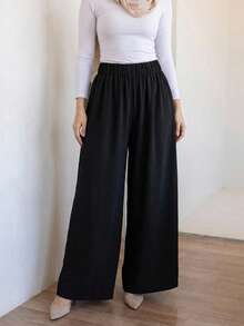 DAZY Women's Solid Color Elastic Waist Wide Leg Pants, Casual Trousers - Black - View 5