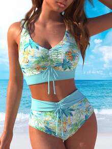 Mint Green Tropical Sailboat & Palm Print Drawstring Bikini Set - Nhiều màu - Xem 1