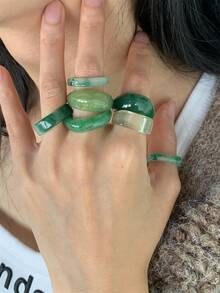 CHOSHILAR 7pcs/Set Asymmetrical Oversized Tie-Dye Green Hollow Band Rings Set, Women Fashion Daily Party Vacation Wear, Suitable For Middle East Gift - 7-piece Green Ring Set - View 8