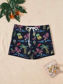 European And American Style Men's Neon Flamingo Print Swim Trunks - Fashionable Swimming Shorts With Drawstring, Suitable For Beach, Pool - Multicolor - View 6