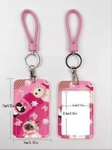 1pc ABS Pink Rope Headband Cat Pattern Keychain Pendant, Bag Charm, ID Card/Bus Card/Card Holder, Suitable For All Seasons Daily Use - Rectangle - View 3