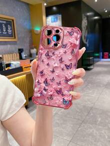 1pc Floral Butterfly Anti-Fall Electroplated Camera Protective Phone Case, UV Printed Compatible With IPhone/ Galaxy/Infinix/Compatible With Redmi/OPPO/VIVO/Realme - Pink - View 4