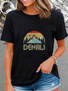 100% Cotton Vintage Mt. Denali National Park Alaska Mountain T-Shirt Women's Vintage Relaxed Fit Tee Soft Tops Printing Round Neck Shirts - 黑色 - 查看 5