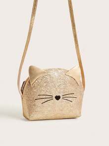 1pc Girls Cute Kitten Pattern Glitter Mini Half-Circle Crossbody Bag, Suitable For Daily Use As Gift - Gold - View 8