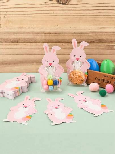 10/20/30pcs Easter Bunny Candy Bags Spring Cellophane Bags Cookie Treat Candy Bags With Pink Bunny Greeting Cards For Easter Party Birthday Wedding Favor Supplies Decor, Baby Shower