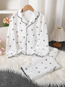 Soft Girl Collar Long Sleeved Long Pants Home Set, 2 Pieces Set, Suitable For All Seasons, Sweet And Cute Bow Print, [3 Sets Randomly Sent 1 Set] - White - View 2