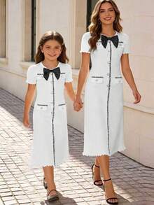Soft & Skin-Friendly Knitted Long Dress For Women, Pearl Button With Bow Tie, Faux Pocket Trim Design, Ruffle Cuff & Hem, Suitable For Birthday Party, Performance, Daily Wear - White - View 2