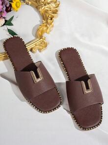 Women's Summer Flat Square Toe PU Upper Minimalist Slip-On Black Sandals, Popular Beach Vacation Casual Shoes, Retro Gold Plastic Buckle Home Slip-On Slippers - Brown - View 15