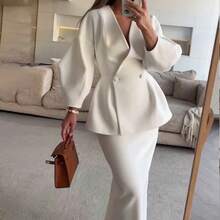 Autumn New Women's Fashion Solid Color Button Puff Sleeve Half Skirt Dress Set - sữa - Xem 5
