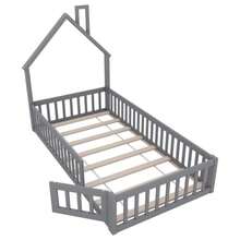 House Bed, 90 X 200 Cm, Children's Bed With Chimney Shape, Bed With Slatted Base (Without Mattress), Pine Wood, Minimalist Style - Grey - View 7