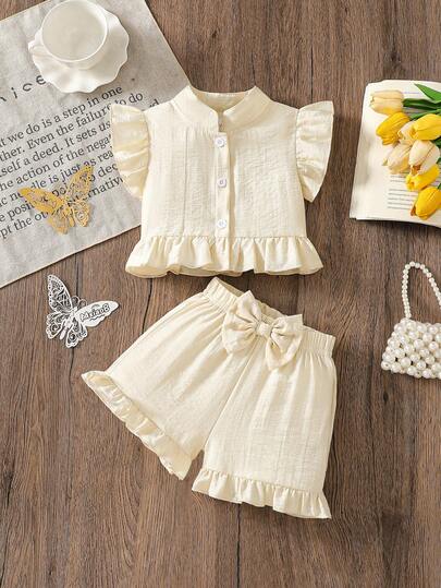 2pcs Baby Girl Summer Set: Minimalist Single-Breasted Collar Sleeveless Top + Cute Bow Decorated Shorts
