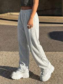 1 pieza Pantalones versátiles, casuales y cómodos de estilo retro para calle y deportes al aire libre, adecuados para el verano, para niñas y adolescentes - Gris Claro - Ver 4