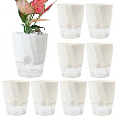 5 Pcs Medium Size Lazy Hydroponic Flower Pot, Automatic Water-Absorbing Transparent Double Layer Plastic Planter, Modern Simple Style Self-Watering Flowerpot For Home Office Living Room Balcony Decoration Supplies