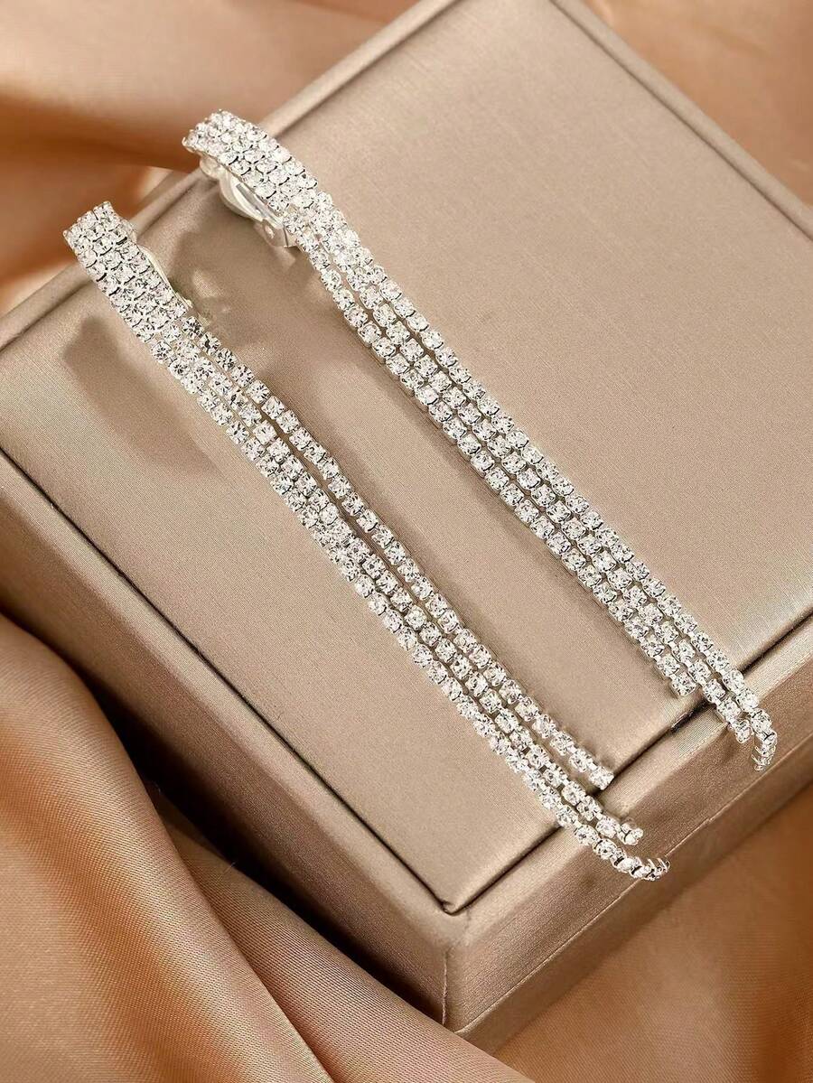 2pcs New Silver Tone Exaggerated Fashion Tassel Clip-On Earrings Adorned With Rhinestones For Women, Suitable For Weddings - Silver - View 1