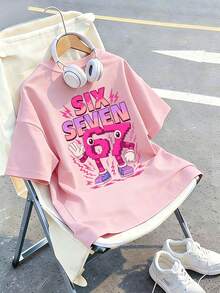 adolecent Girl "SIX SEVEN" Imprimé numérique rose T-shirt de dessin animé, convient pour le port quotidien, le style de rue, les événements, le Top d'été polyvalent et décontracté pour les filles - Rose bonbon - Voir 5