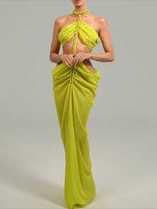 Women Summer Dress Sexy Irregular Halter Dress, Two Low Waisted Slit Dresses Chiffon Long Bikini Dress Off-Shoulder Backless Dress Festival Outfit Elegant Sleeveless Dresses For Women Boho Clothing Formal Gowns For Women Evening Elegant Prom Dresses Emerald Green Formal Dress Wedding Guest Hawaii Vacation Party Outfit - 螢光黃 - 查看 6