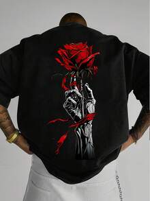 Personality Mechanical Palm Rose Print Short Sleeve T-Shirt For Men Daily Street Fashion Top - 黑色 - 查看 1