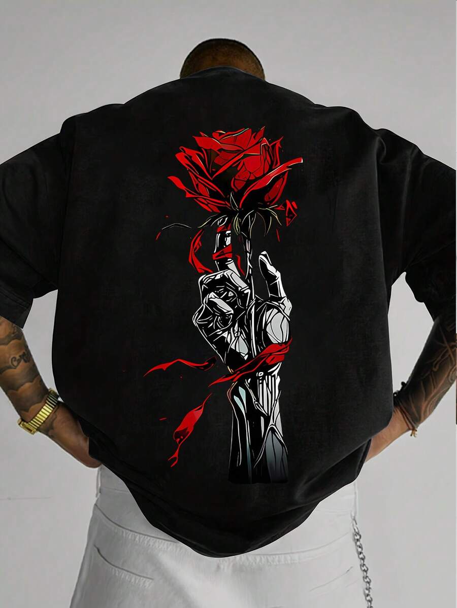 Personality Mechanical Palm Rose Print Short Sleeve T-Shirt For Men Daily Street Fashion Top - 黑色 - 查看 1