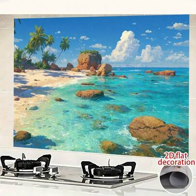 1pc Extra Large Tropical Turquoise Ocean Beach Wallpaper - Turquoise Sea, Palm Trees And Turquoise Waters - Removable Self-Adhesive Vinyl Panel, Suitable For Indoor/Outdoor, Kitchen, Bathroom, Balcony - Easy To Apply And Removable Without Residue - PVC Wall Sticker - Coastal Decoration, 2D Flat