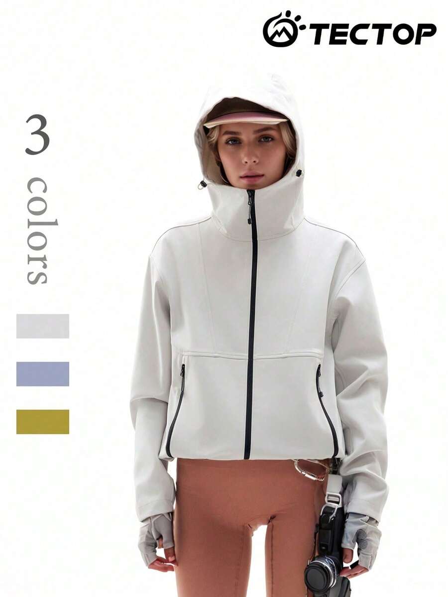 TECTOP Winter Outdoor Sports Soft Shell Jacket, Fleece Elastic Fabric, Casual Comfortable, Zipper Hoodie, Dual Side Zipper Pockets - 灰色 - 查看 1