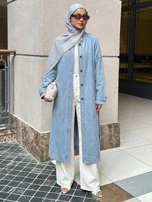 Livesso Women's Stand Collar Long Belted Casual Denim Jacket And Coat - Light Wash - View 1