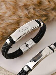 1pc Customized Name Bracelet, Personalized Leather Bend Plate Bracelet, Customized Engraved Name Bracelet, DIY Name Bracelet, Engraved Name/Date/Symbol Customized Jewelry, Unisex Customized Valentine's Day Name Bracelet - Leather Engraved Bracelet - View 4