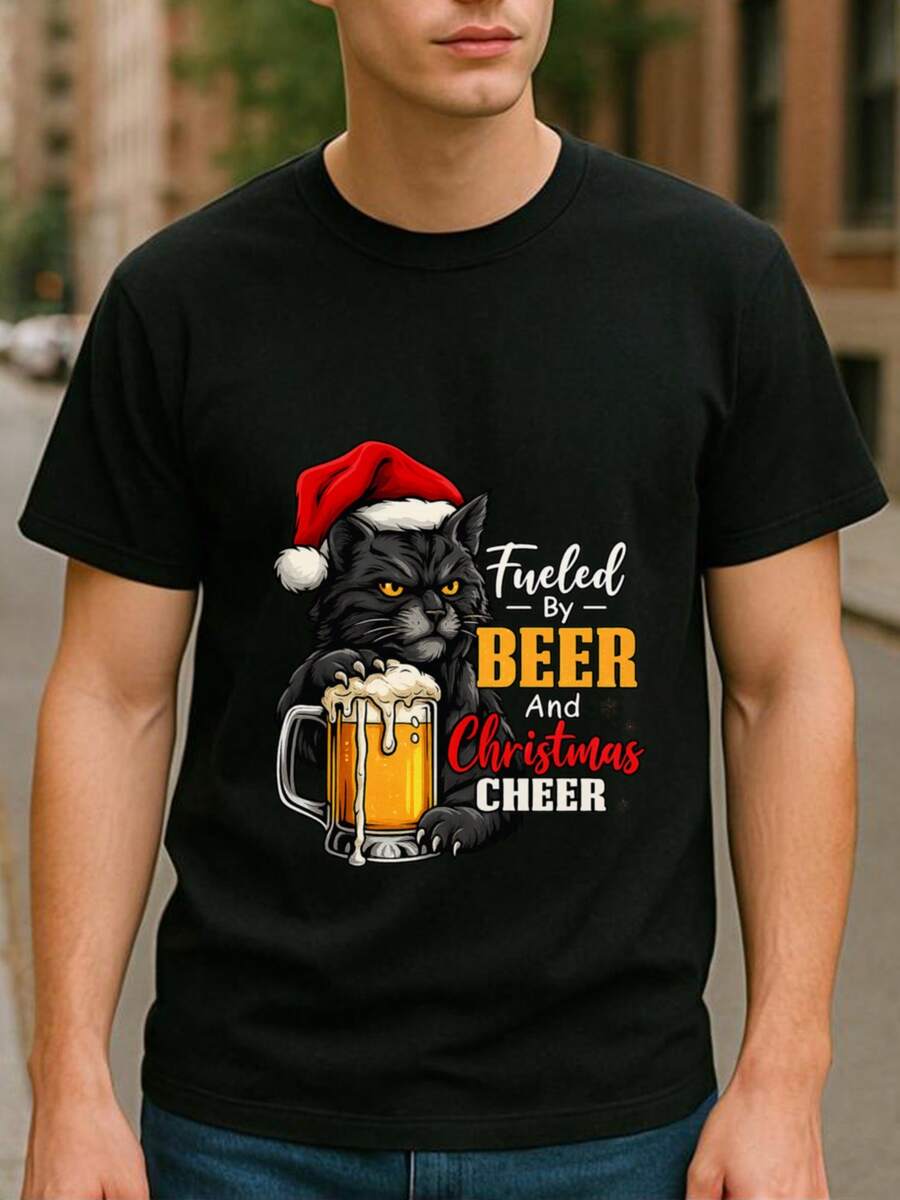 T-shirt à manches courtes pour hommes, style de Noël avec chat noir et bénédiction de la bière. T-shirt d'été, style modeste, col rond ample, T-shirt premium pur pour hommes - Noir - Voir 1
