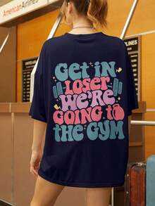 Shirt Women's "Loser, We're  To The Gym" Slogan Printed T-Shirt, Loose Casual White Round Neck Short Sleeve Top, Soft And Comfortable, Very Suitable For Daily Casual Wear |   Gym Enthusiasts |   Fitness WearLoose And Comfortable2026 Halftime Show Shirt - 藏蓝色 - 查看 2