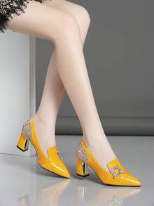 女士粗跟尖头水钻亮片拼接时尚高跟鞋 - 橘色 - 查看 2