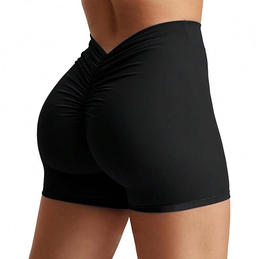 Women's Fitness Shorts - Women's Stretchable, Breathable, And Thigh-Raising Sports Shorts With V-Shaped Pleats For Enhancing The Buttocks. Fitness Cycling Shorts With V-Shaped Pleats For Enhancing The Buttocks. - 黑色 - 查看 1