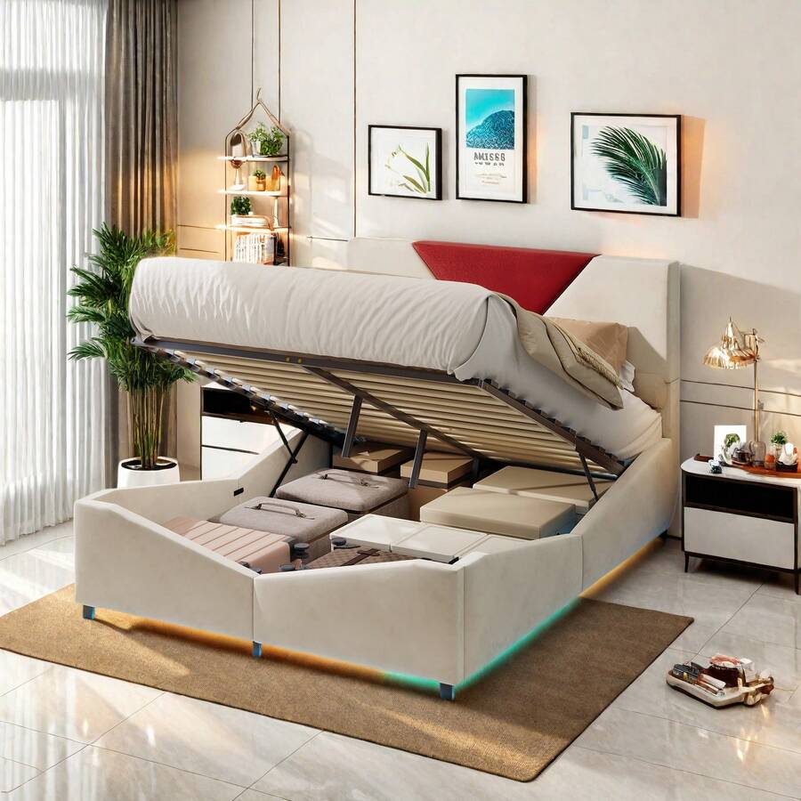 Anajqaqia Bed Frame For Adults, 140/160 X 190/200cm Double Bed, Upholstered Bed, Hydraulic Storage Bed, Air Mattress With Storage Space Under The Bed, Elegant And Gentle Youth Bed Frame, Without Drawers - 米色 - 查看 1