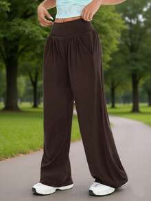 Pantalones casuales rectos de cintura elástica de unicolor para mujer, adecuados para deportes al aire libre, entrenamiento en el gimnasio, yoga, senderismo, todo el año - Marrón - Ver 4