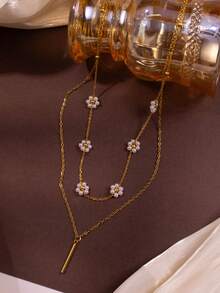 优雅珍珠花朵叠戴项链，18K镀金不锈钢链搭配圆柱形吊坠，适合日常佩戴 - 金黃色 - 查看 3