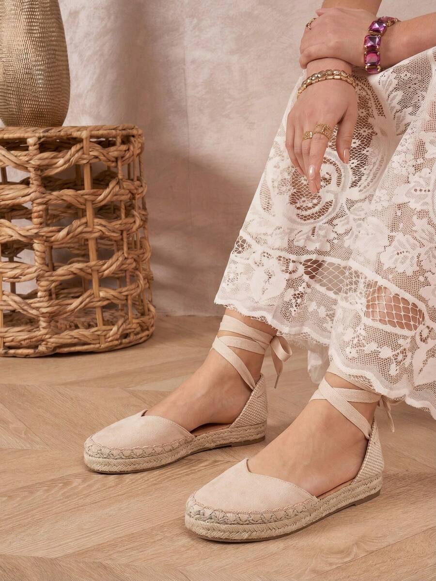 VIKIVIKI SHOES Women's Flat Espadrilles With Ankle Laces, Elegant Y2K Style Summer Sandal, Non-Slip Jute Sole, Breathable And Comfortable Design, Ideal For Holidays, Beach, Daily Walks And Casual Chic Summer Outfits - 米色 - 查看 1