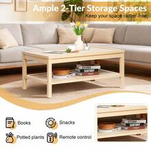CXRYLZ Rectangular 2 Tier Rattan Coffee Table With Dual Rattan Storage Shelves Natural Wood Grain Boho Style Tea Table For Living Room Home Office Light Oak - Natural Wood Color - View 9