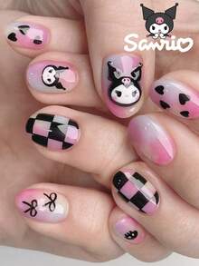 SANRIO 24片装短款椭圆形可爱3D库洛米美甲，蝴蝶结和爱心珍珠设计，完美贴合亚克力假指甲套装，包含1支果冻胶和1个指甲锉，库洛米美甲适合女性女孩日常派对、聚会等场合，重新发现美甲的精致优雅。 - 彩色 - 查看 2