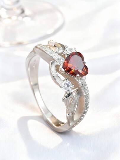 1pc S925 Silver Dolphin Heart Ring, Red Heart-Shaped Main Stone, Suitable For Wedding, Party, Birthday, Gift For Friends And Family, Valentine's Day Gift