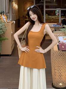 Y6Y Spring New Arrival Minimalist Sexy Style Orange Square Neck Sleeveless Backless Women Knit Top Summer - Coral Orange - View 4